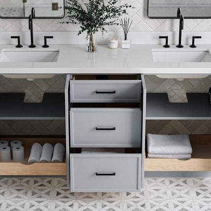 ARIEL Kelly 72-inch Bathroom Vanity with Sink,Solid Wood, 1.5-inch Pure White Quartz Countertop & Backsplash, Double Rectangular Porcelain Sink, 4 Soft Closing Doors, 5 Dovetail Drawers, Grey