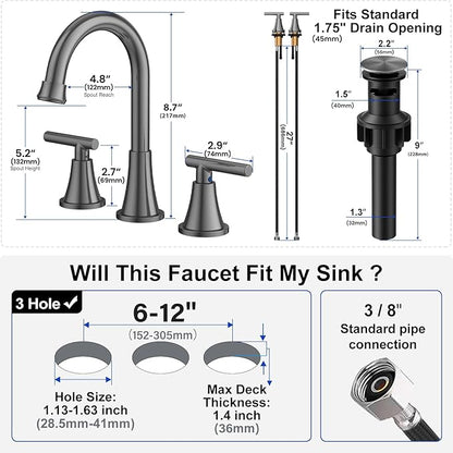 Bathroom Faucets for Sink 3 Hole, Hurran 8 inch Widespread Brushed Grey Bathroom Sink Faucet with Pop-up Drain and Supply Hose, Stainless Steel Lead-Free Faucet for Vessel Sink Vanity RV