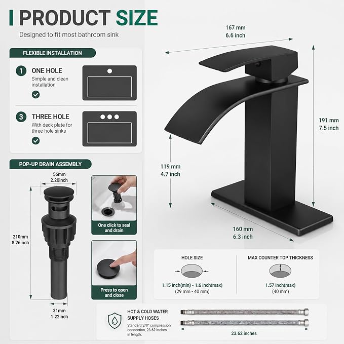 VOTON Black Bathroom Faucets, Waterfall 1 Hole Faucet with Deck & Drain | Single-handle lead-free SUS304 faucet | includes pop-up drain, cUPC supply hoses and 6 in deck plate for 1 or 3-hole sinks