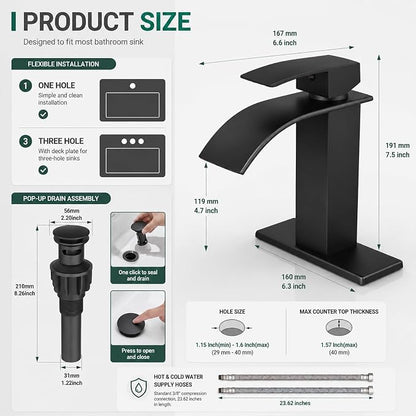 VOTON Black Bathroom Faucets, Waterfall 1 Hole Faucet with Deck & Drain | Single-handle lead-free SUS304 faucet | includes pop-up drain, cUPC supply hoses and 6 in deck plate for 1 or 3-hole sinks