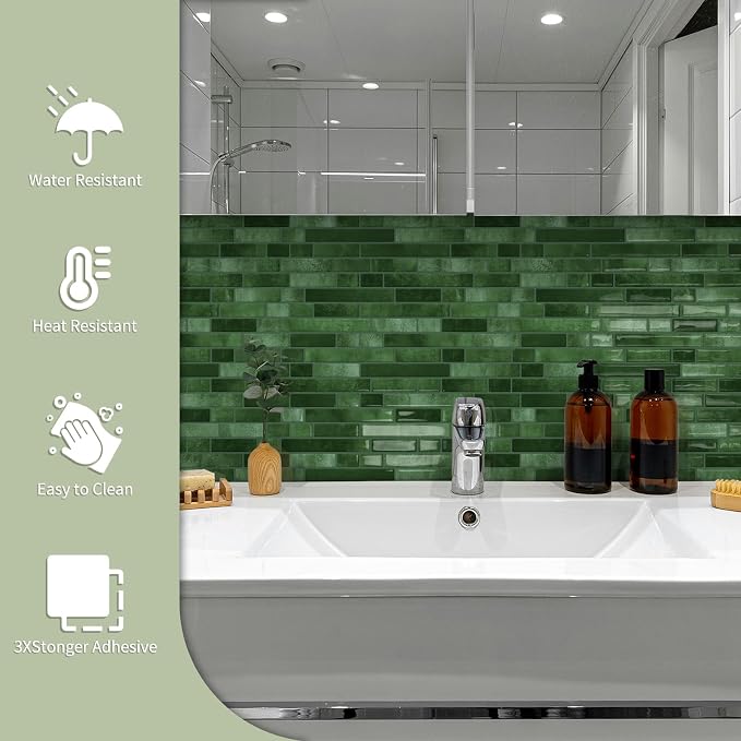 10 Sheets Thick Peel and Stick Kitchen Backsplash Tiles | 3D Waterproof Self Adhesive Wall Tile Stick on Backsplash for Kitchen,Bathroom and Fireplace(Green,12"×12")