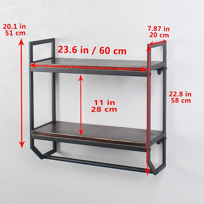 2-Tier Metal Industrial 23.6" Bathroom Shelves Wall Mounted,Rustic Wall Shelf Over Toilet,Towel Rack with Towel Bar,Utility Storage Shelf Rack, Floating Shelves Towel Holder,Retro Black