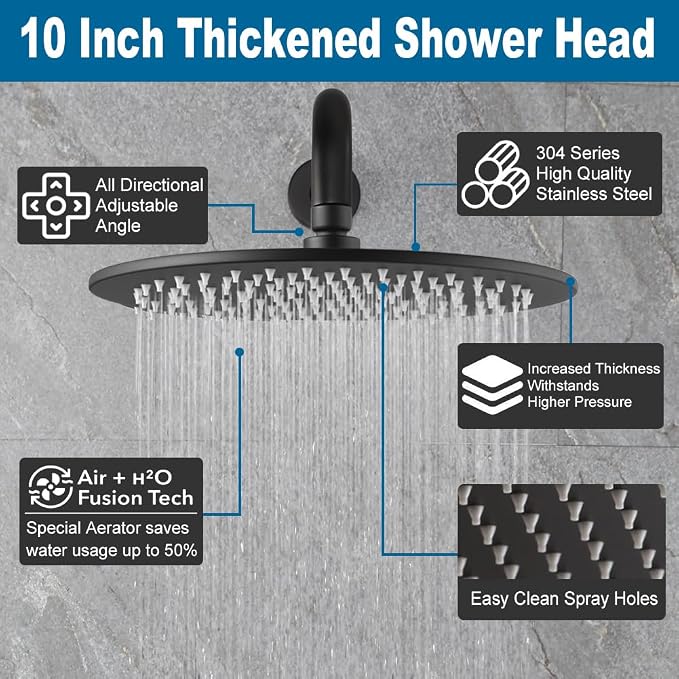 All Metal Black Shower Faucet Set, 10 Inch Round Shower Head and Handle Set, Bathroom Rainfall Shower System, Wall Mounted Shower Fixtures, Include Shower Valve and Trim Kit