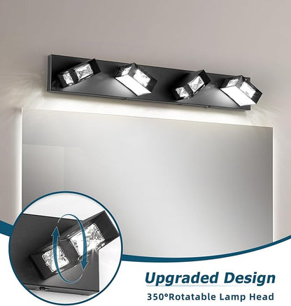 Joossnwell Black Vanity Light for Bathroom (4-Light, 28-Inch) Crystal Bath Light Fixtures 5CCT Dimmable Modern Led Bathroom Light Over Mirror with 350°Rotatable Head