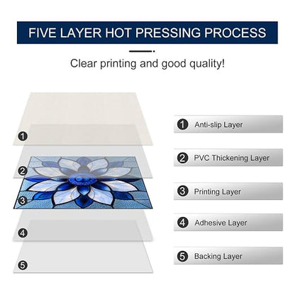 Blue Stained Glass Flower Peel and Stick Floor Tiles 12x12 Inch 10PCS | Blue stained glass style flower pattern vinyl floor stickers for kitchen bathroom entryway and indoor home decor