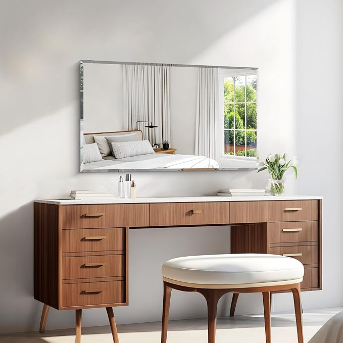 KOCUUY Beveled Mirror, 24x40 Inch Frameless Bathroom Mirror for Over Sink, Upgraded Shatterproof Beveled Unframed Design Mirror for Bathroom, Bedroom, Hang Horizontal/Vertical
