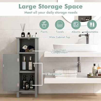 Giantex Narrow Bathroom Storage Cabinet with Open Compartment (Grey) | Freestanding Small Storage Organizer with Adjustable Shelf, Anti-toppling Device, Corner Unit for Living Room
