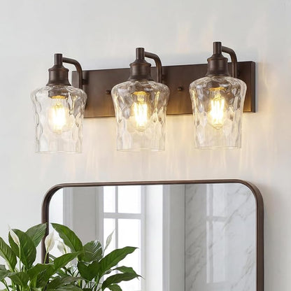 Bathroom Light Fixtures Farmhouse Oil Rubbed Bronze Vanity Lights for Bathroom Lighting Fixtures Over Mirror with Hammered Glass Lampshade for Cabinet Mirror Bedroom Hallway 3 Light