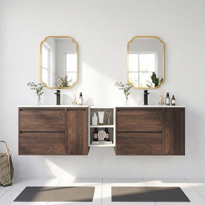 72 Inch Modern Floating Double Sink Bathroom Vanity, Wall-Mounted with Seamless Ceramic Top, Rounded Corners, Full-Extension Soft-Close Drawers & Concealed Drainage, White
