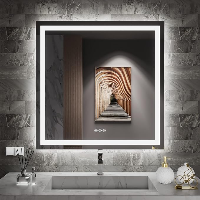 LED Bathroom Mirror, 38"X38" with Front Light and Backlit | Stepless Dimmable, Anti-Fog, Shatter-Proof, HD Reflection, Memory, 3 Colors Lighting Square Mirror, UL Listed