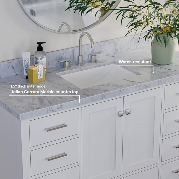 ARIEL Cambridge 54-inch Bathroom Vanity with Sink,Solid Wood, 1.5-inch Italian Carrara Marble Countertop, Single Rectangular Porcelain Sink, 2 Soft Closing Doors, 9 Dovetail Drawers, White