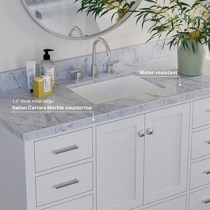 ARIEL Cambridge 54-inch Bathroom Vanity with Sink,Solid Wood, 1.5-inch Italian Carrara Marble Countertop, Single Rectangular Porcelain Sink, 2 Soft Closing Doors, 9 Dovetail Drawers, White