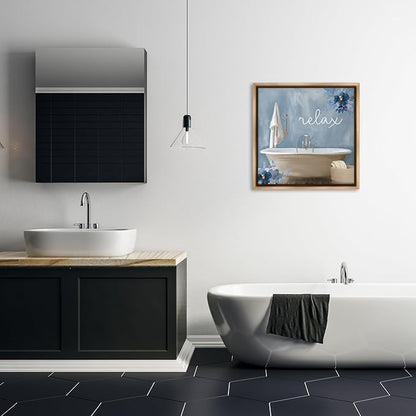 Blue Floral Bathroom Relax Scene, 24 x 24 Inch Canvas in Floater Frame | Stupell Industries · By Kim Allen · Ready to hang · Perfect for bath or laundry decor · Made in USA