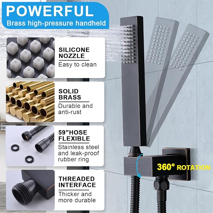 Thermostatic Shower System with Body Jets, Wall Mounted 12 Inch Rain Shower Head with Handheld Spray and 4 Body Jets Set, Push Button Thermostatic Shower Brass Valve, Oil Rubbed Bronze