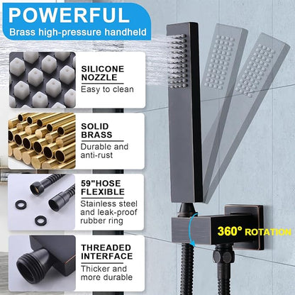 Thermostatic Shower System with Body Jets, Wall Mounted 12 Inch Rain Shower Head with Handheld Spray and 4 Body Jets Set, Push Button Thermostatic Shower Brass Valve, Oil Rubbed Bronze