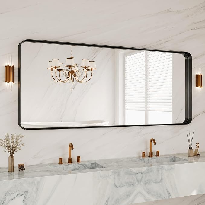 72 x 30 Inch Black Metal Framed Bathroom Mirror for Wall, Matte Framed Rounded Rectangular Modern Mirrors for Over Sink, Anti-Rust, HD Tempered Glass, Farmhouse, Hangs Horizontally or Vertically