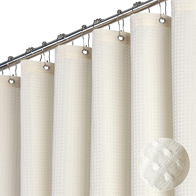Extra Wide Waffle Shower Curtain 256 GSM Fabric 108x72 Cream/Ivory | 108 Inch Wide, Thick Cloth, Weighted Hem, Water Repellent, Hotel Luxury Polyester Shower Curtain Set for Bathroom 18 Hooks