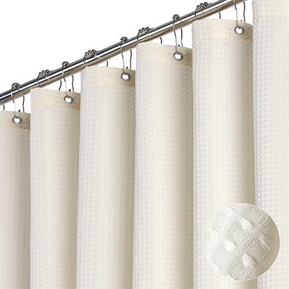 Extra Wide Waffle Shower Curtain 256 GSM Fabric 108x72 Cream/Ivory | 108 Inch Wide, Thick Cloth, Weighted Hem, Water Repellent, Hotel Luxury Polyester Shower Curtain Set for Bathroom 18 Hooks