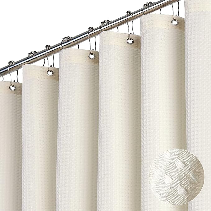Long Waffle Shower Curtain 256 GSM Heavy Fabric 72x78 Cream/Ivory | 78 Inch Long, Thick Cloth, Weighted Hem, Water Repellent, Tall Hotel Luxury Polyester Shower Curtains for Bathroom 12 Hooks