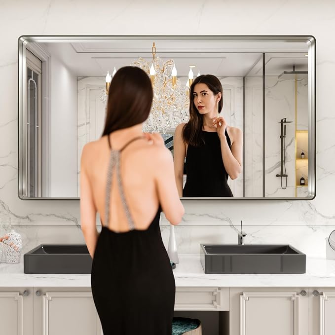 LOAAO 72X40 Inch Brushed Nickel Bathroom Mirror | Rounded Rectangle, Silver Metal Frame, Anti-Rust, Hangs Horizontally or Vertically, Tempered Glass