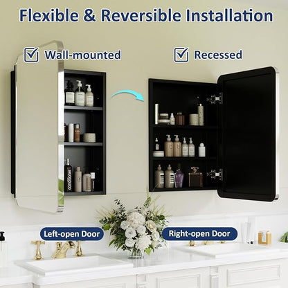Medicine Cabinet Mirror 16x24 Inch, Chrome Bathroom Mirror Cabinet with Stepless Adjustable Shelves, Stainless Steel Frame, Bathroom Mirror with Storage Recessed or Wall Mount