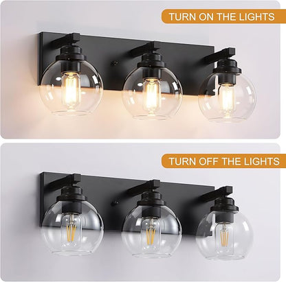 Bathroom Light Fixtures, 3-Light Matte Black Vanity Lights, Modern Bathroom Lighting Fixtures Over Mirror, Farmhouse Vanity Lights with Glass Shade for Living Room, Bedroom, Hallway