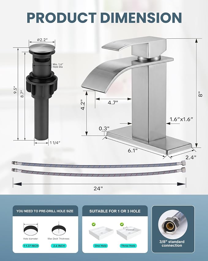 Waterfall Bathroom Faucet Brushed Nickel: ARCORA Single Hole Bathroom Sink Faucet Mixer Tap with Supply Lines and Pop Up Drain