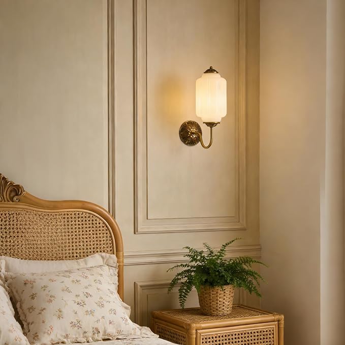 Vintage Milk Glass Wall Sconce, H15" Hardwired White Glass Sconce with Gold Carved Metal, Antique Bronze Retro Wall Lamp for Bedroom, Bathroom, Living Room, Hallway, E12 Bulb Warm Light (White 1Pack)