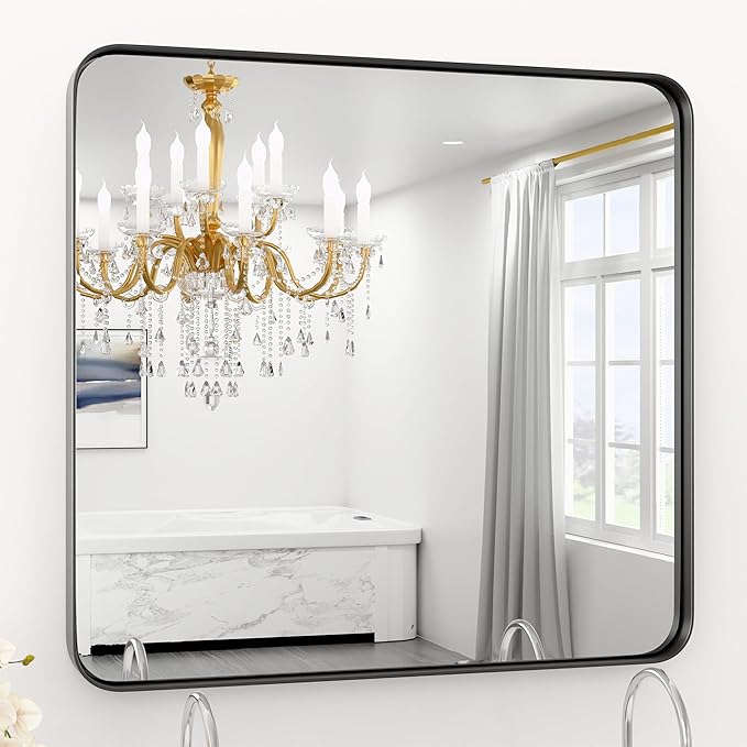 36" L x 36" W Black Bathroom Mirror for Wall Metal Framed Mirror, Rounded Rectangle Bathroom Mirrors, Tempered Glass, Anti-Rust, Hangs Horizontally or Vertically