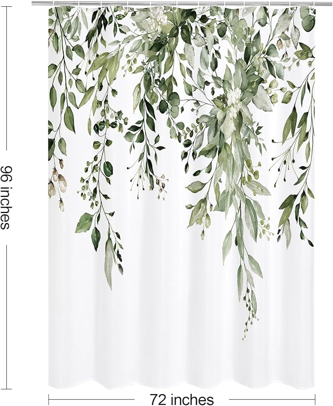 Olive Green Eucalyptus Shower Curtain, Floral Print, 72x96 | Watercolor Plant Leaves Floral Print, Extra Long Waterproof Fabric Bathroom Decor, Machine Washable, Rustproof Grommets