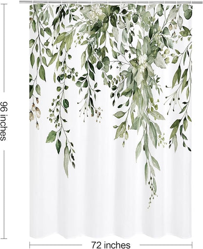 Olive Green Eucalyptus Shower Curtain, Floral Print, 72x96 | Watercolor Plant Leaves Floral Print, Extra Long Waterproof Fabric Bathroom Decor, Machine Washable, Rustproof Grommets