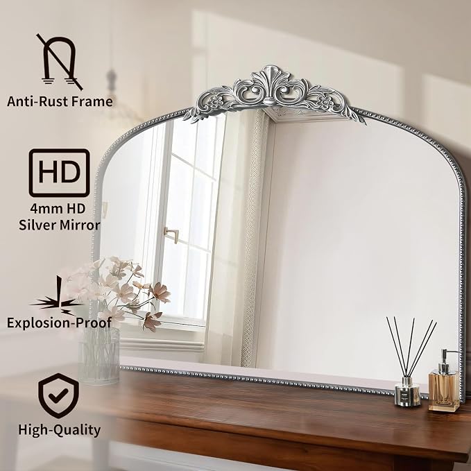 Micasso Vintage Silver Wall Mirror: 40"x29" Baroque Antique Arched Mirror | Traditional Ornate French Decorative Mirror for Bedroom/Bathroom/Fireplace/Entryway/Hallway/Dresser/Vanity/Mantel/Nightstand
