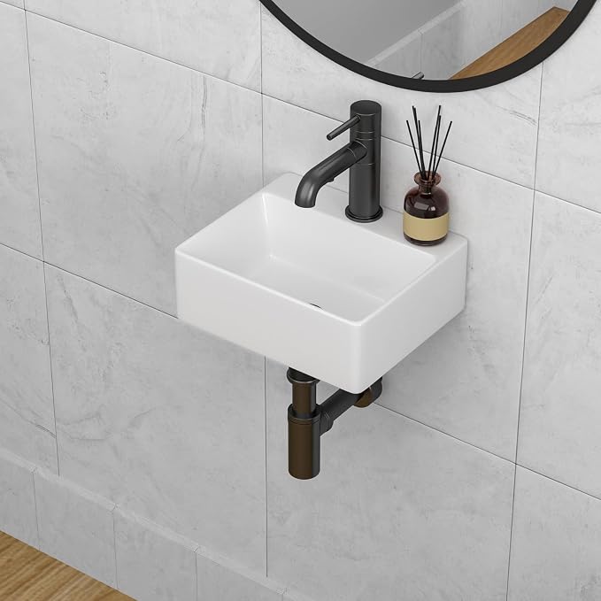 Wall Mounted Bathroom Sink 13x11 inch Porcelain Small Vessel Sink | Rectangular Bathroom Wall Hung Wash Basin Vessel Sink Modern White Ceramic Lavatory Sink for Bathroom Vanity