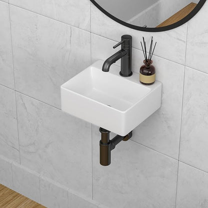 Wall Mounted Bathroom Sink 13x11 inch Porcelain Small Vessel Sink | Rectangular Bathroom Wall Hung Wash Basin Vessel Sink Modern White Ceramic Lavatory Sink for Bathroom Vanity