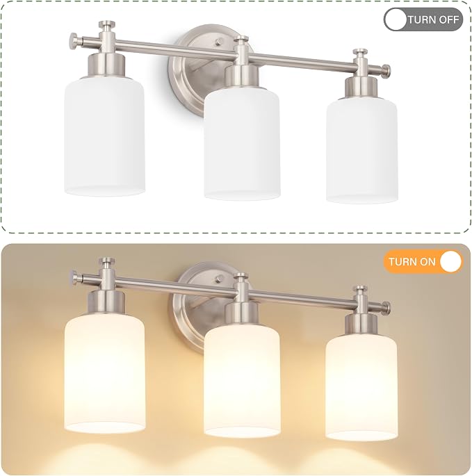 Brushed Nickel Bathroom Vanity Light, 3 Light Modern Wall Sconces, 17.5Inch | Anti-Rust Vanity Light Over Mirror, Vanity Light Fixture with White Frosted Glass Shades for Bathroom, Bedroom, E26 Socket