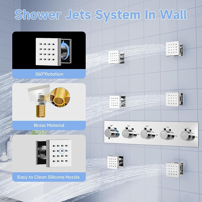 Full Body Shower System with Body Jets, Thermostatic Rain Waterfall Shower Head System, Luxury Ceiling Mount Multi Shower Head System with Handheld and Tub Spout, LED Music Overhead Shower
