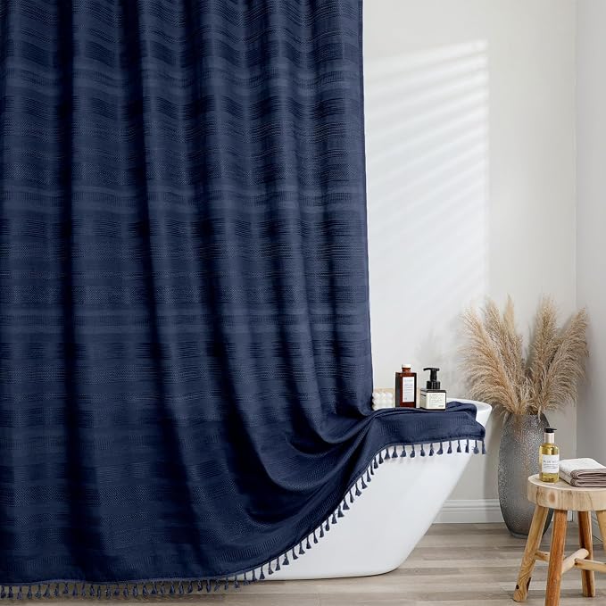 Navy Blue Shower Curtain 78 Inch Long, Boho Farmhouse Thick Linen Textured Fabric Shower Curtain with Tassel, Minimalist Striped Weighted Machine Washable Bathroom Decor, 72Wx78L Inches