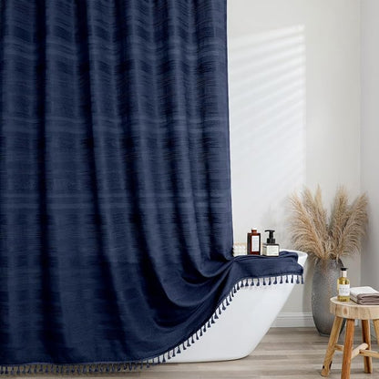 Navy Blue Shower Curtain 78 Inch Long, Boho Farmhouse Thick Linen Textured Fabric Shower Curtain with Tassel, Minimalist Striped Weighted Machine Washable Bathroom Decor, 72Wx78L Inches