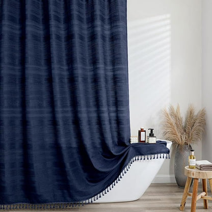 Extra Long Boho Shower Curtain 84 Inch Long, Modern Farmhouse Heavy Duty Linen Textured Soft Fabric, Rustic Country Cloth Shower Curtain with Tassel for Bathroom Hotel, 72Wx84L, Navy Blue