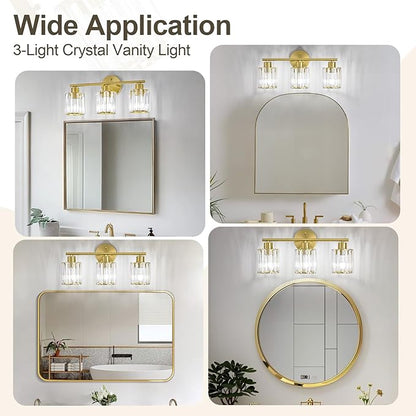 Crystal Bathroom Light Fixtures, Bathroom Lighting Fixtures Over Mirror, Modern 3-Light Gold Vanity Lights for Mirror, Restroom, Kitchen(Ceramic E26 Socket,Bulbs Not Include)