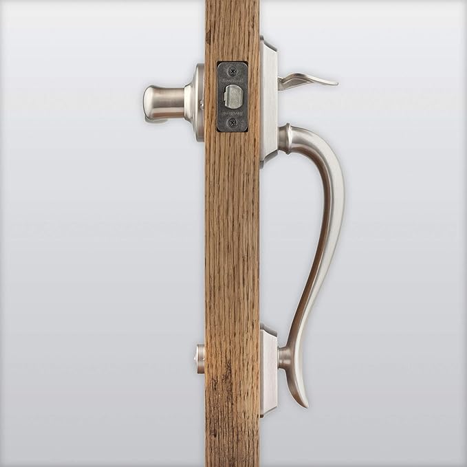 Kwikset Avalon Front Door Handle No Lock, Entry Handleset Exterior with Interior Reversible Handed Lever, Non-Locking, Satin Nickel, Deadbolt Not Included, with Microban Protection
