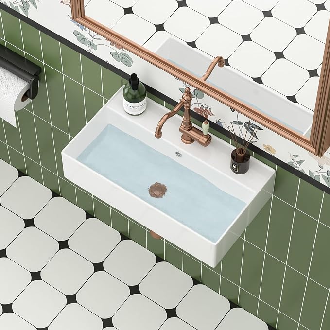 21x12 Wall Mounted Bathroom Sink | Ceramic, Floating, ADA Compliant, Rectangular Shape, Easy to Clean, Ideal for Bathroom, Lavatory, Vanity