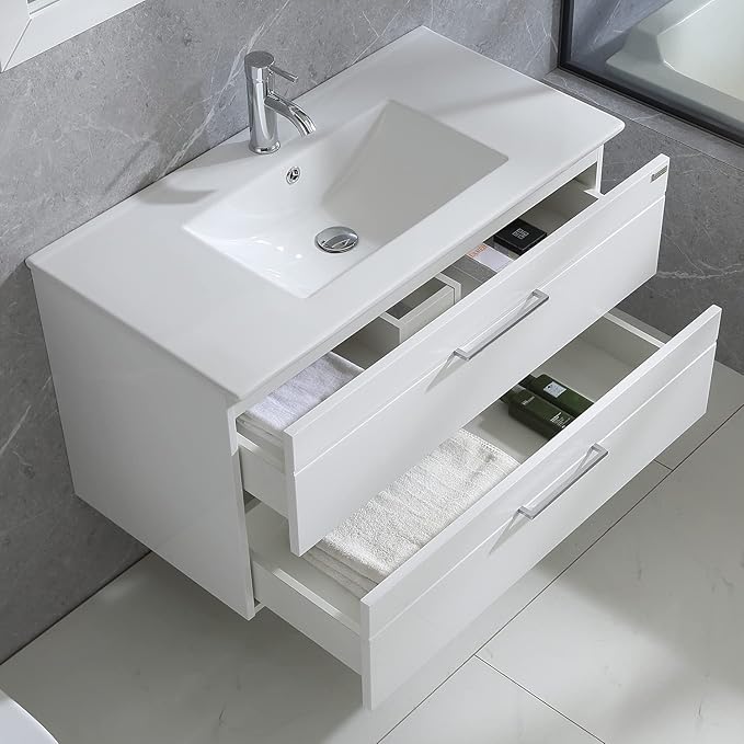 wonline 36" Wall Mounted Bathroom Vanity Set Two Drawers Storage Cabinet with Ceramic Vessel Sink Combo Chrome Faucet White
