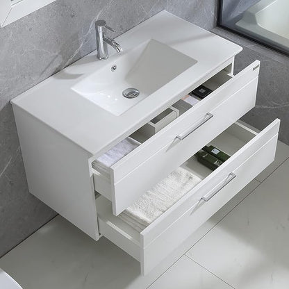 wonline 36" Wall Mounted Bathroom Vanity Set Two Drawers Storage Cabinet with Ceramic Vessel Sink Combo Chrome Faucet White