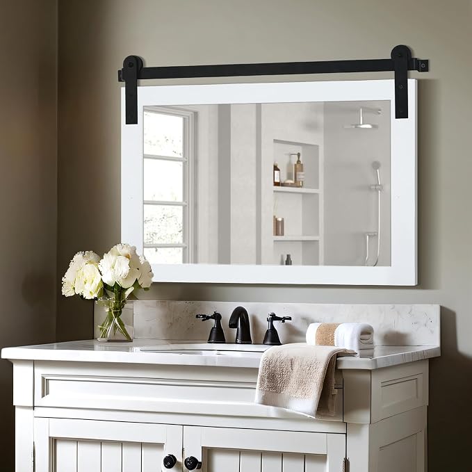 COGOOD Farmhouse Bathroom Mirrors for Over Sink - 26 x 41 Pure White | Rustic Barn Door Wood Framed Vanity Mirror for Entryway, Living Room, Bedroom, Dresser Wall Decor