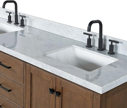 ARIEL Cambridge 66-inch Bathroom Vanity with Sink,Solid Wood, 1.5-inch Italian Carrara Marble Countertop, Double Rectangular Porcelain Sink, 4 Soft Closing Doors, 6 Dovetail Drawers, Brown Oak