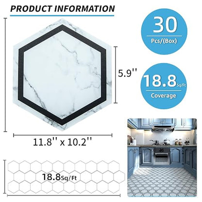 Art3d 30-Pack Hexagon Peel and Stick Vinyl Floor Tiles, White Marble | 11.8" x 10.2" Single Tile, Self Adhesive, Waterproof, Simple to Clean, Ideal for Kitchen, Bathroom, Living Room, Bedroom