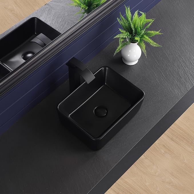 Vessel Sink 16"x12" Rectangular Bathroom Sink Modern Black Porcelain Ceramic Above Counter Drop-in Vanity Sink for Bathrooms Art Basin