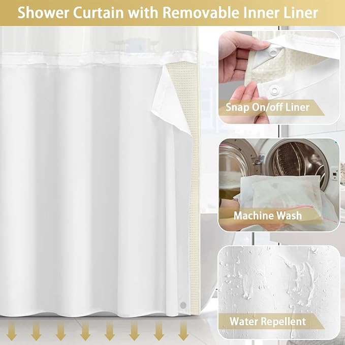 No Hook Shower Curtain and Liner Set,Cream Hotel Waffle Shower Curtain with Liner 81" L x 72" W