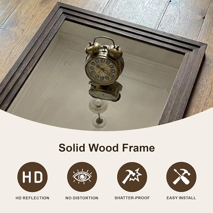 Farmhouse Rustic Wood Framed Bathroom Vanity Mirror for Wall, 24x36, Brown | Recessed Stepped Solid Wood Frame, HD Shatterproof Glass, Vertical/Horizontal Mount, for Bathroom Sink, Living Room, Entryway